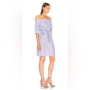Frame Denim Off The Shoulder Striped 100% Linen Dress with Belt Size Small EUC